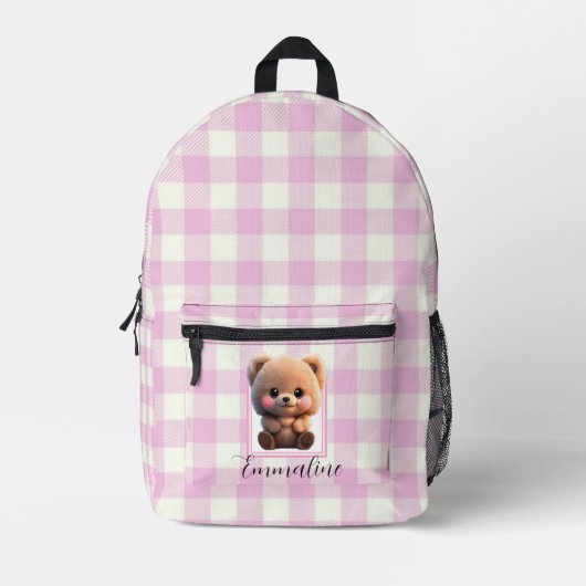 Elegante roze witte plaid teddybeer personaliseren bedrukte rugzak (Voorkant)