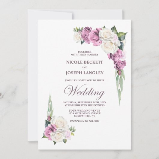 Elegante roze witte roos bloemenbruiloft kaart (Voorkant)