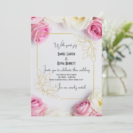 Elegante Roze & Witte Roos Huwelijksuitnodiging Kaart (Staand voorkant)