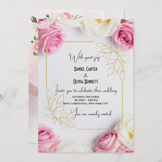 Elegante Roze & Witte Roos Huwelijksuitnodiging Kaart (Voorkant / Achterkant)