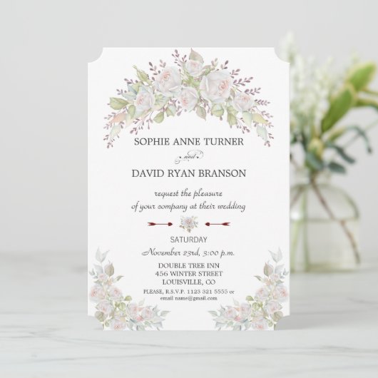 Elegante Roze Witte Rozen Burgundy Bruiloft Kaart (Staand voorkant)