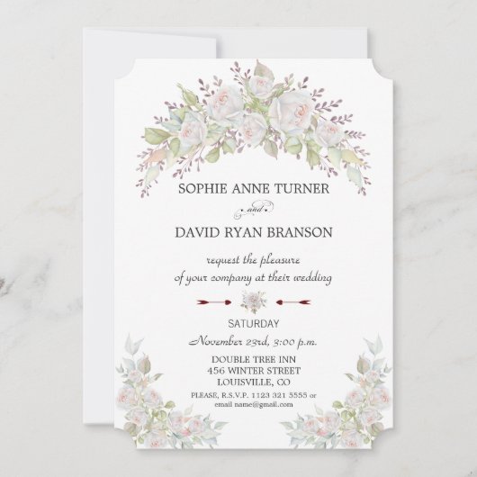 Elegante Roze Witte Rozen Burgundy Bruiloft Kaart (Voorkant)