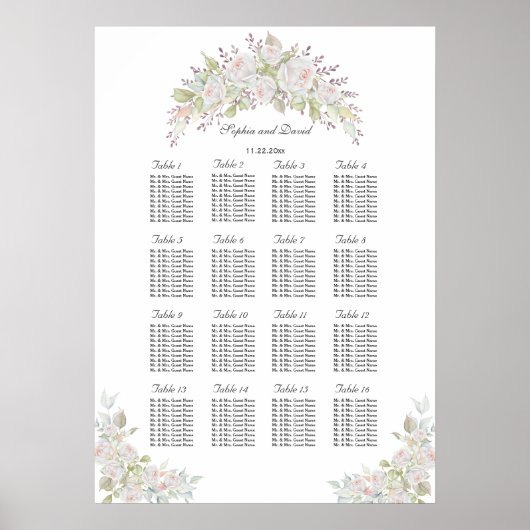 Elegante Roze Witte Rozen Trouw Zittijd Chart Poster (Voorkant)