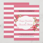 Elegante Roze & Witte Strepen met Bouquet Bruiloft Kaart (Voorkant / Achterkant)