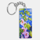 Elegante roze witte waterverf bloemen hollyhocks sleutelhanger (Voorkant Links)