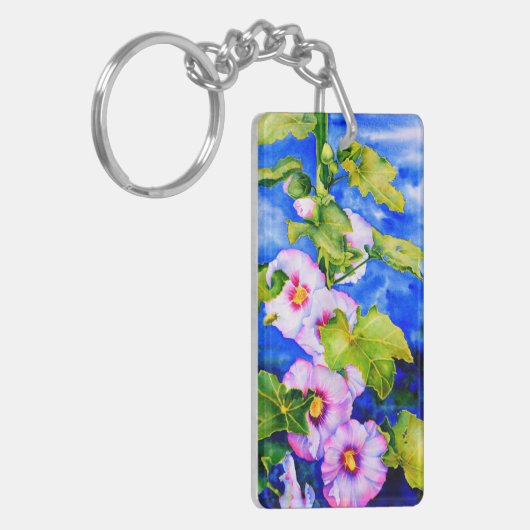 Elegante roze witte waterverf bloemen hollyhocks sleutelhanger (Voorkant Links)