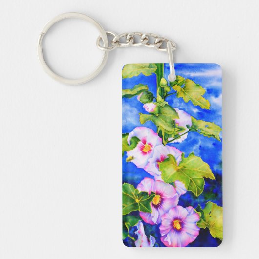 Elegante roze witte waterverf bloemen hollyhocks sleutelhanger (Voorkant)