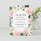 Elegante Roze & Witte Waterverf Bloemenframe  Save The Date (Staand voorkant)