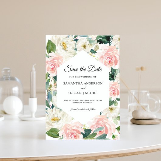 Elegante Roze & Witte Waterverf Bloemenframe  Save The Date