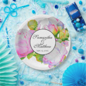 Elegante roze witte waterverf pioenroos bloemen papieren bordje (Feest)