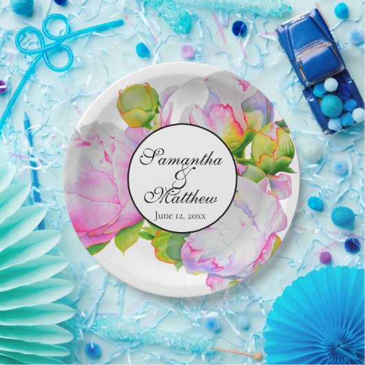 Elegante roze witte waterverf pioenroos bloemen papieren bordje (Feest)