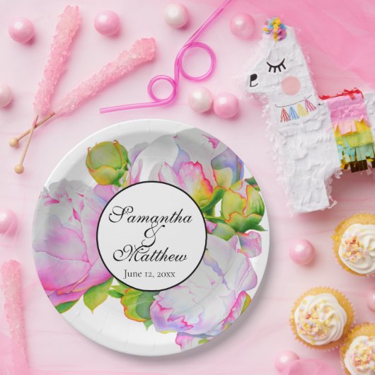 Elegante roze witte waterverf pioenroos bloemen papieren bordje (Feest)