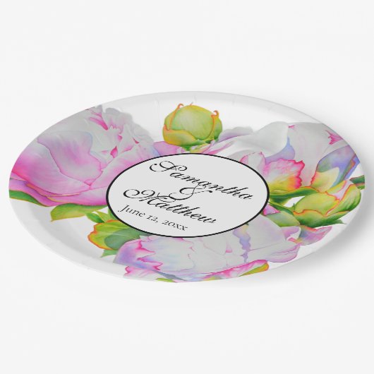 Elegante roze witte waterverf pioenroos bloemen papieren bordje (Gekanteld)