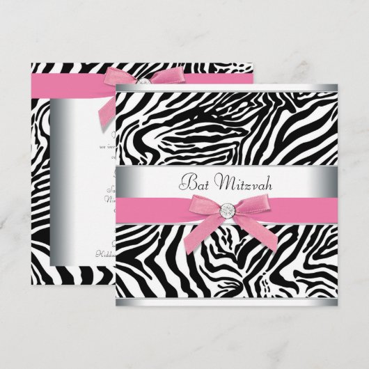 Elegante roze Zebra Bat Mitzvah Kaart (Voorkant / Achterkant)