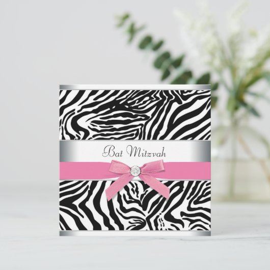 Elegante roze Zebra Bat Mitzvah Kaart (Staand voorkant)