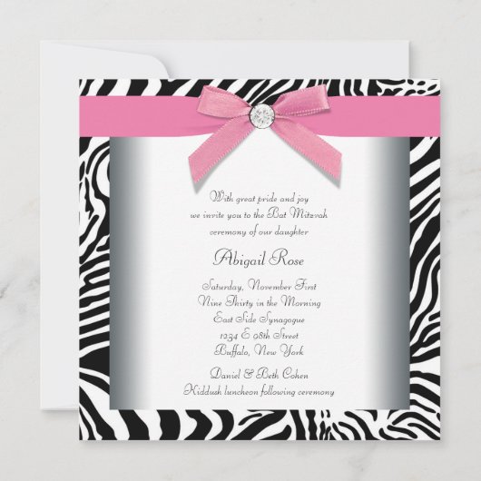 Elegante roze Zebra Bat Mitzvah Kaart (Achterkant)