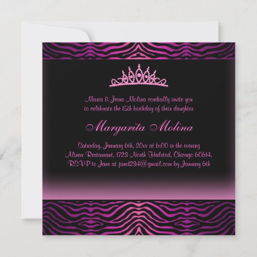 Elegante roze zebra print Quinceanera uitnodiging (Achterkant)