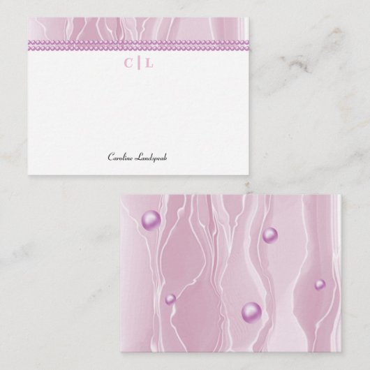 Elegante Roze Zijde & Roze Parels Monogram Notitiekaartje (Voorkant / Achterkant)
