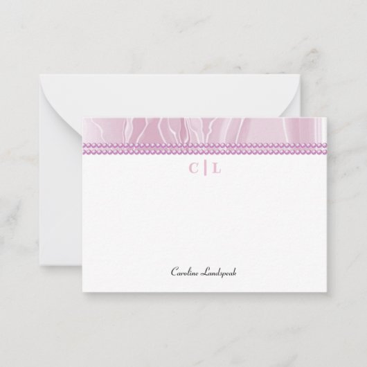 Elegante Roze Zijde & Roze Parels Monogram Notitiekaartje (Voorkant)