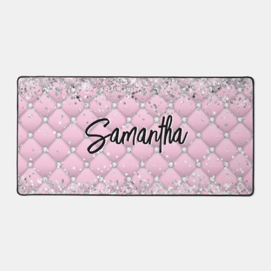 Elegante roze zilver glinsterende glans monogram bureaumat (Voorkant)