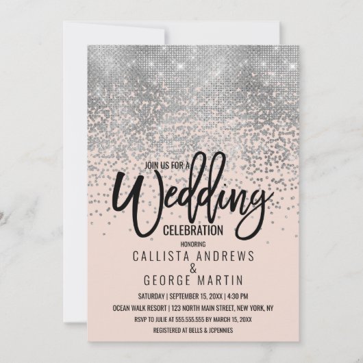 Elegante roze zilveren glitter Confetti bruiloft Kaart (Voorkant)