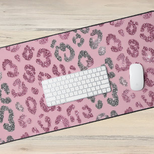 Elegante Roze Zilveren Glitter Luipaard op Roze Go Bureaumat