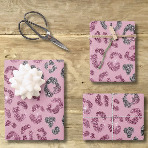 Elegante Roze Zilveren Glitter Luipaard op Roze Go Inpakpapier Vel