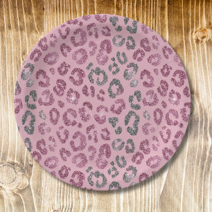 Elegante Roze Zilveren Glitter Luipaard op Roze Go Papieren Bordje