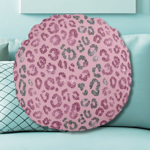 Elegante Roze Zilveren Glitter Luipaard op Roze Go Rond Kussen