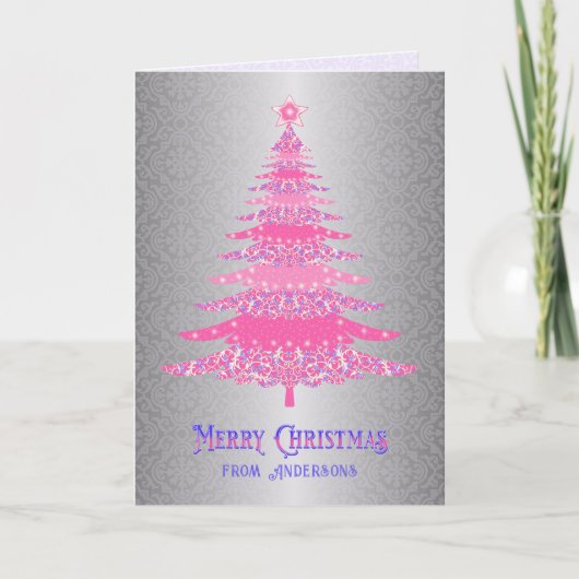 Elegante Roze Zilveren Kerstboom Aangepaste Naam Feestdagen Kaart (Voorkant)