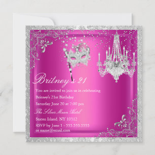 Elegante Roze & Zilveren Masquerade 21e Uitnodigin Kaart