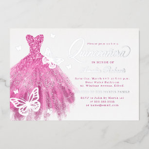 Elegante Roze Zilveren Vlinder Jurk Quinceanera  Folie Uitnodiging