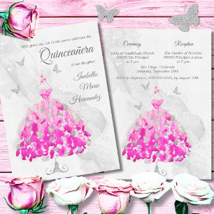Elegante roze & zilveren vlinders Quinceañera Kaart