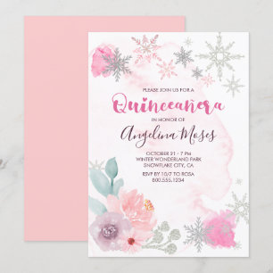 Elegante Roze Zilveren Winter Wonderland Quinceane Kaart