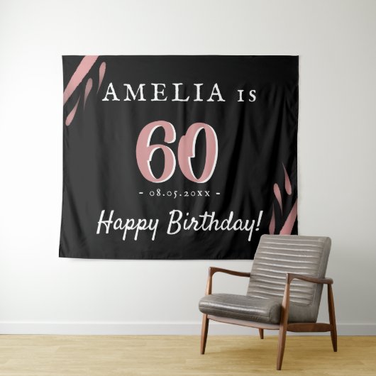 Elegante Roze Zwart 60e Verjaardag Party Achtergro Wandkleed (In Situ (horizontaal))
