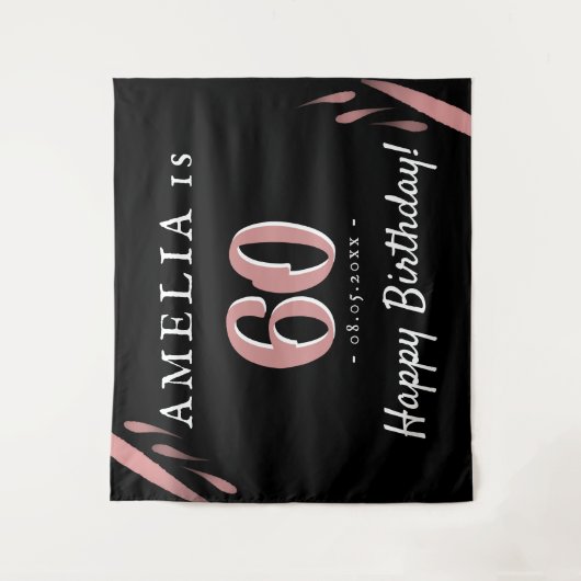 Elegante Roze Zwart 60e Verjaardag Party Achtergro Wandkleed (Voorkant)