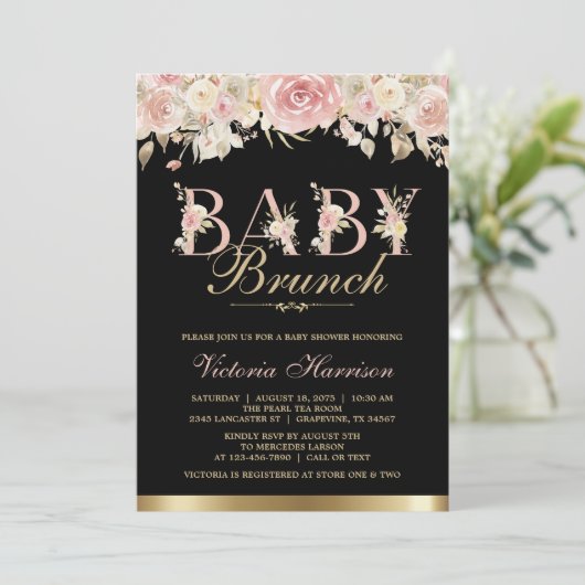 Elegante Roze Zwart Goud Bloemen Baby shower Brunc Kaart (Staand voorkant)