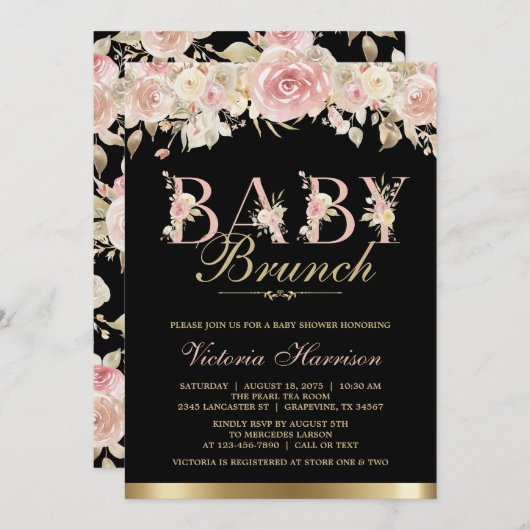 Elegante Roze Zwart Goud Bloemen Baby shower Brunc Kaart (Voorkant / Achterkant)