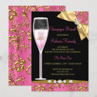 Elegante Roze Zwart Goud Damast Champagne Brunch Kaart