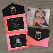 Elegante Roze Zwart Goud Monogram Huwelijksuitnodi All In One Uitnodiging