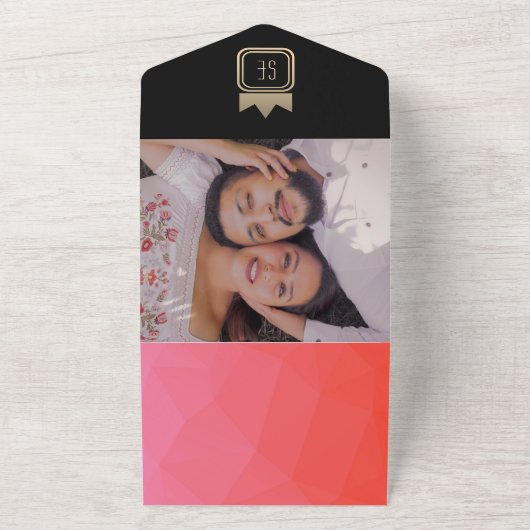 Elegante Roze Zwart Goud Monogram Huwelijksuitnodi All In One Uitnodiging (Buitenkant)