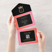 Elegante Roze Zwart Goud Monogram Huwelijksuitnodi All In One Uitnodiging (Afscheurbaar)