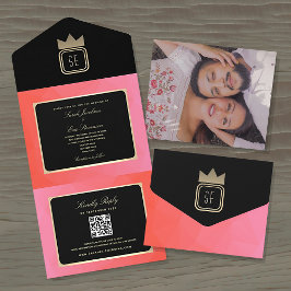 Elegante Roze Zwart Gouden Monogram Trouw Uitnodig All In One Uitnodiging