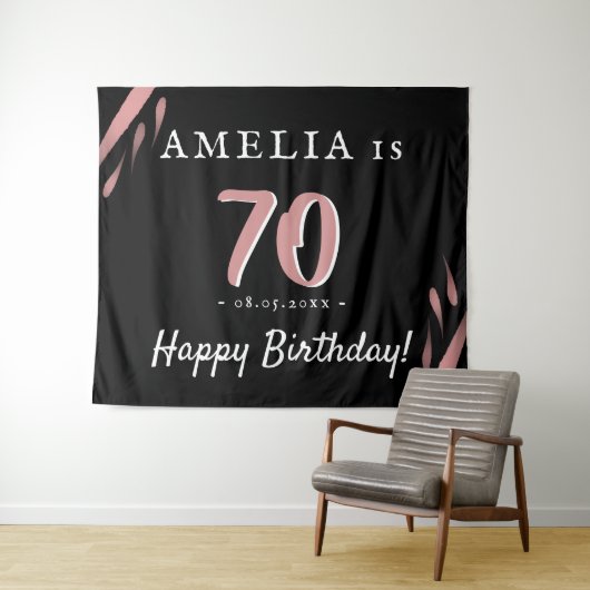 Elegante Roze Zwarte 70e Verjaardag Feest Achtergr Wandkleed (In Situ (horizontaal))