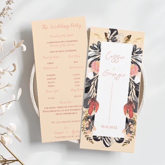 Elegante Roze & Zwarte Bloemige Huwelijksprogramma Kaart