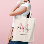 Elegante Roze Zwarte Monogram Bruidsmeisje Tote Bag<br><div class="desc">Zacht en gepolijst, deze elegante tas heeft een roze monogram initiaal die is aangebracht over een gepersonaliseerde naam in strak zwart schrift met daaronder de rol in het bruidsgezelschap. Een charmante monogram ontwerp met een speelse vrouwelijke uitstraling die prachtig werkt voor lente- en zomerverlovingen. Naam, initiaal en rol zijn volledig...</div>