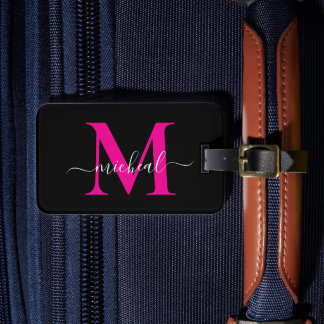 Elegante Roze & Zwarte Monogram Script Naam Bagagelabel