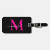 Elegante Roze & Zwarte Monogram Script Naam Bagagelabel (Voorkant horizontaal)