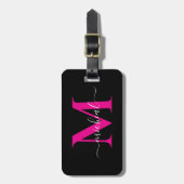 Elegante Roze & Zwarte Monogram Script Naam Bagagelabel (Voorkant verticaal)