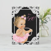 Elegante Roze Zwarte Parel Baby Meisje Douche Kaart (Staand voorkant)